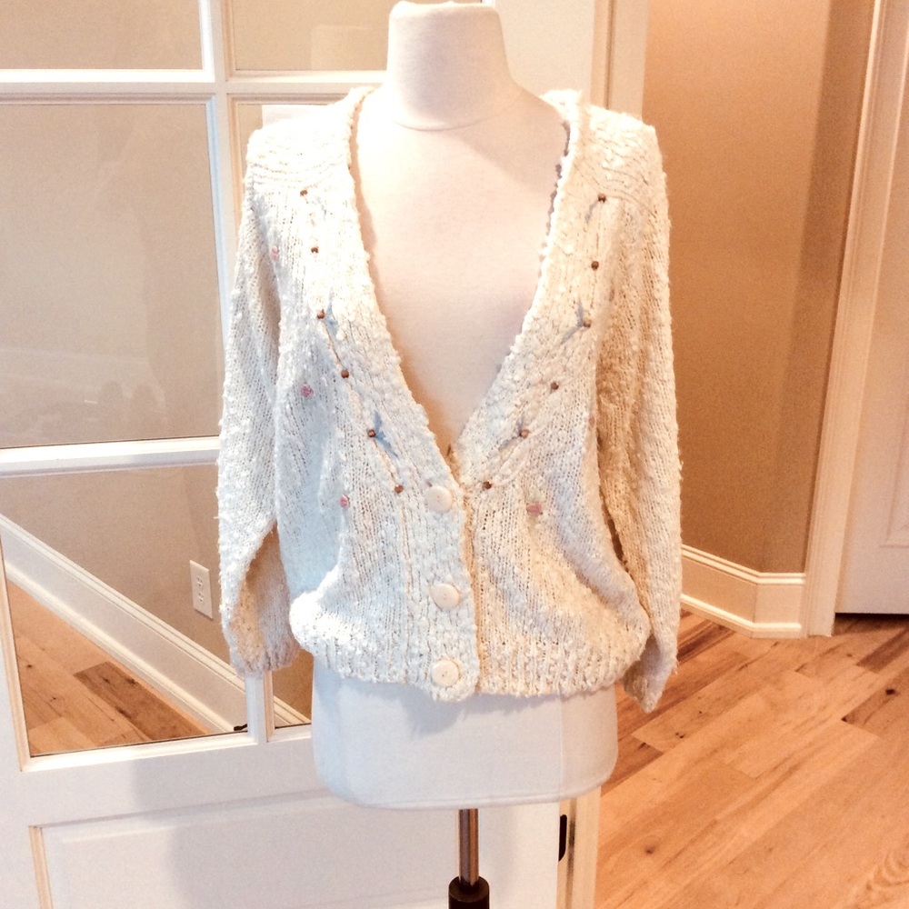 Vintage Beige Sweater Cardigan Acrylic Womens M